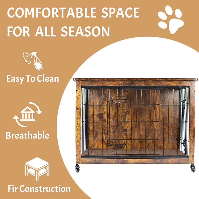 Inomhus trämöbler stil hundbur med kudde och hjul Inomhus trämöbler stil hundbur med kudde och hjul