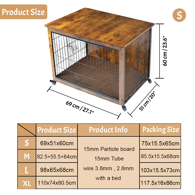Inomhus trämöbler stil hundbur med kudde och hjul Inomhus trämöbler stil hundbur med kudde och hjul