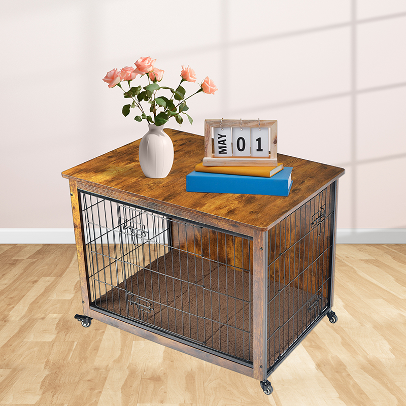 Inomhus trämöbler stil hundbur med kudde och hjul Inomhus trämöbler stil hundbur med kudde och hjul