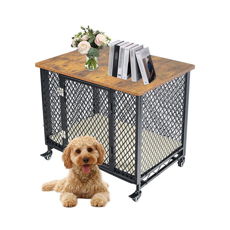 Möbler stil stor trähundbur med hjul och kudde Möbler stil stor trähundbur med hjul och kudde