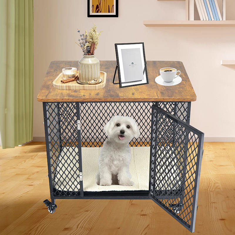 Möbler stil stor trähundbur med hjul och kudde Möbler stil stor trähundbur med hjul och kudde