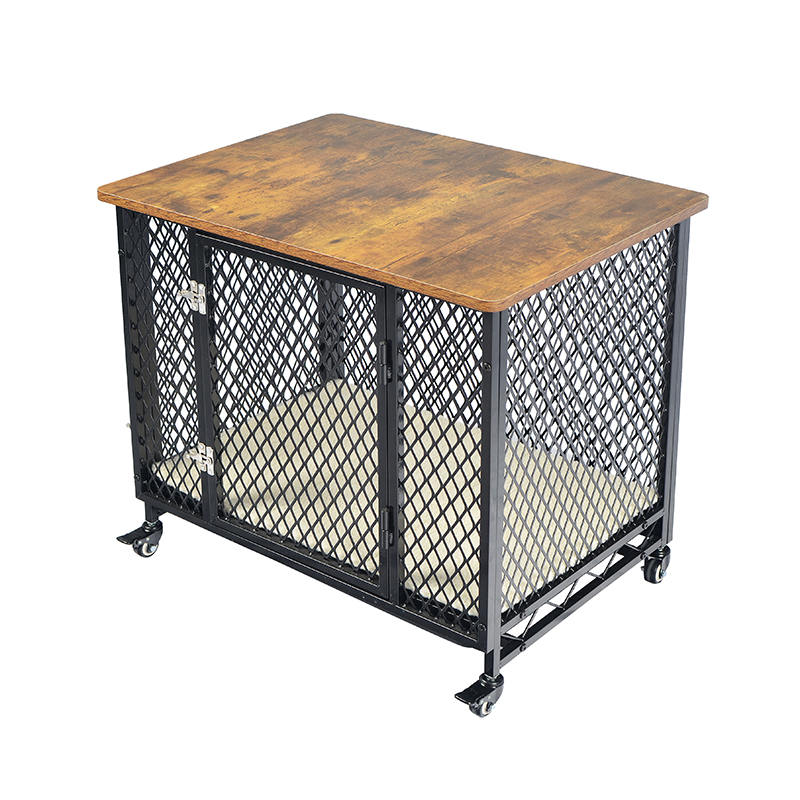 Möbler stil stor trähundbur med hjul och kudde Möbler stil stor trähundbur med hjul och kudde