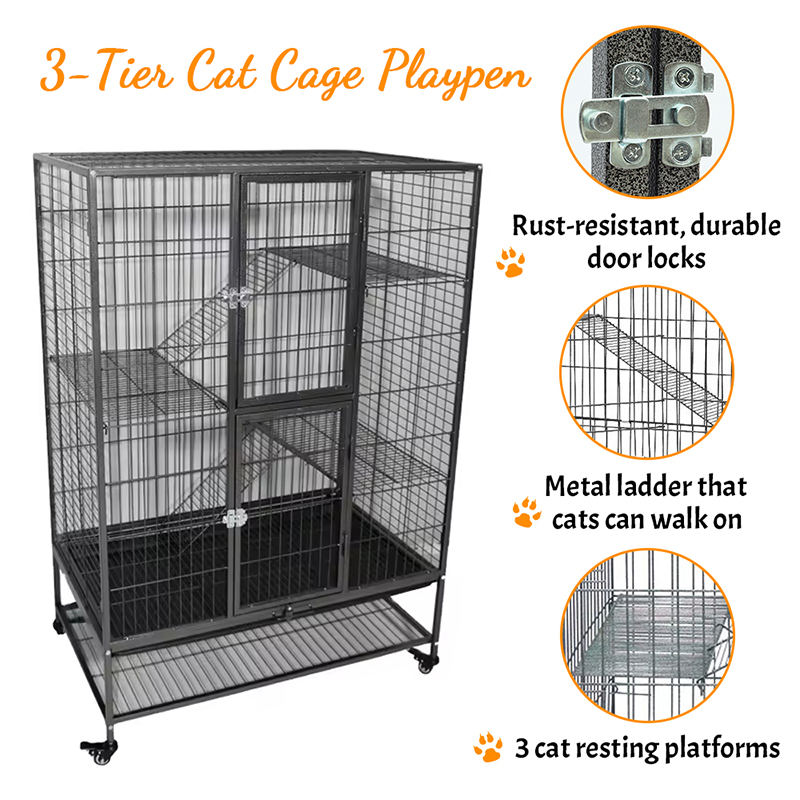 Stor tung tull 2/3/4-tier metall inomhusrör kattbur med hjul Stor tung tull 2/3/4-tier metall inomhusrör kattbur med hjul