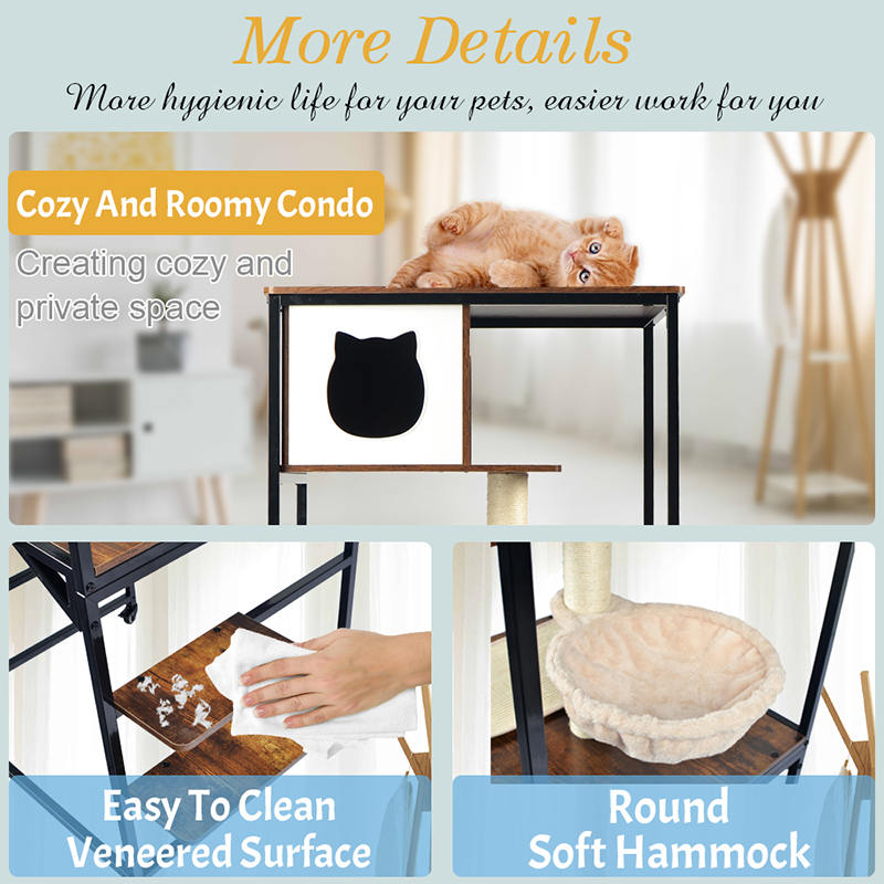 Modernt Wood & Metal Cat Tree inomhus Tower Condo med hängmatta Modernt Wood & Metal Cat Tree inomhus Tower Condo med hängmatta