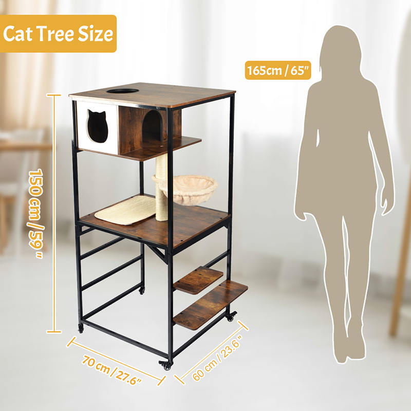 Modernt Wood & Metal Cat Tree inomhus Tower Condo med hängmatta Modernt Wood & Metal Cat Tree inomhus Tower Condo med hängmatta
