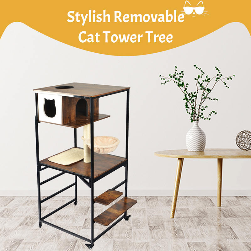 Modernt Wood & Metal Cat Tree inomhus Tower Condo med hängmatta Modernt Wood & Metal Cat Tree inomhus Tower Condo med hängmatta